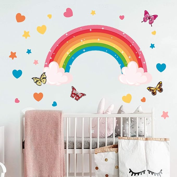 Rainbow Wall Decals Colourful Butterflies Cloud Wall Stickers Large Rainbow Removable Wall Art Murals Peel and Stick Wall Decoration for Bedroom Living Room Kids Bedroom Baby Nursery