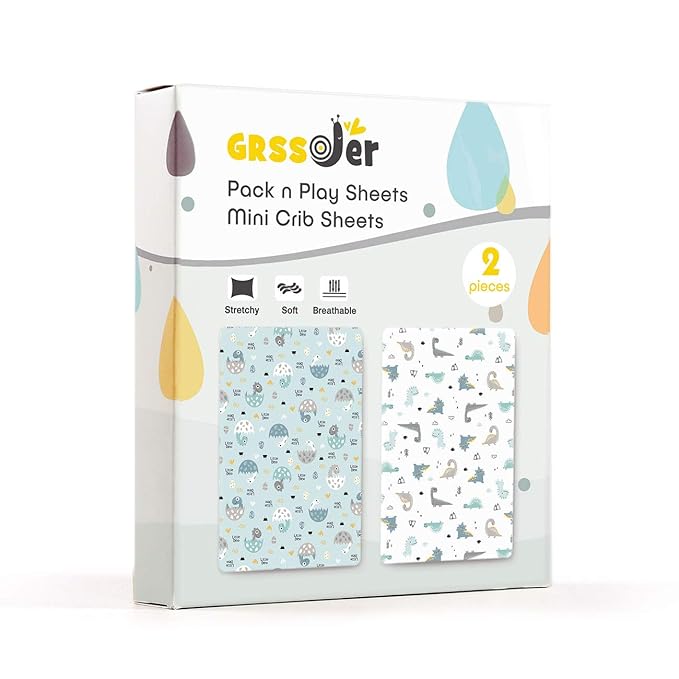 GRSSDER Stretchy Ultra Soft Jersey Knit Fitted Pack n Play Sheets Set 2 Pack, Portable/Mini Crib Sheets for Boys, Universal Fit for Pack N Plays Safe and Snug, Happy Dinosaurs for Baby