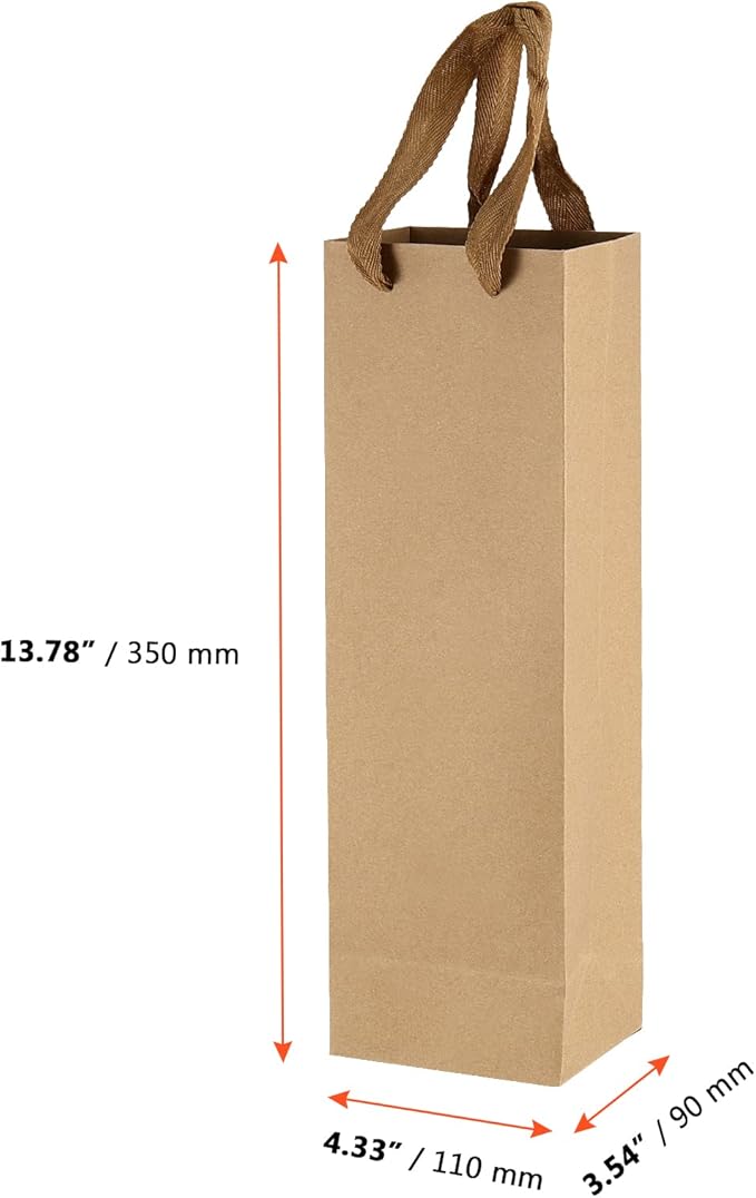 SINJEUN 50 Pack Kraft Paper Wine Gift Bags with Handles, 250gsm Reusable Wine Gift Bottle Carrying Bags Tote Holders for Champagne, Whiskey, Spirits, Extra Strong Laminated Base, 14 x 4 x 3.5 Inch