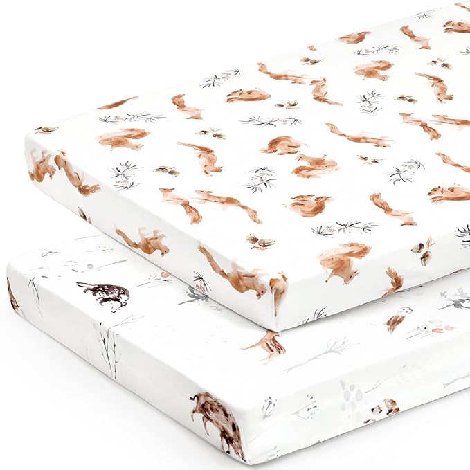 GRSSDER Stretchy Ultra Soft Jersey Knit Pack and Play Sheets 2 Pack, Portable/Mini Crib Sheets Universal Fitted for Playpen Mattress Safe and Snug, Stylish Cute Animal Print Baby Sheets