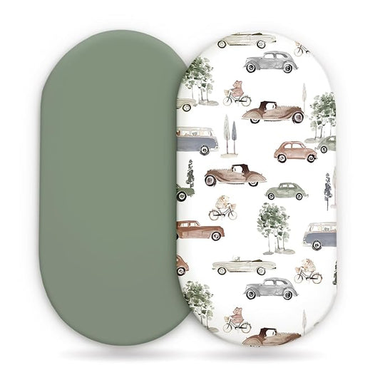 GRSSDER Stretchy Ultra Soft Fitted Bassinet Sheet Set 2 Pack, Universal Fit for Bassinets Baby Cradle Moses Basket Oval Rectangle Mattress Safe and Snug, Stylish Bassinet Sheets of Cars Print for Boys