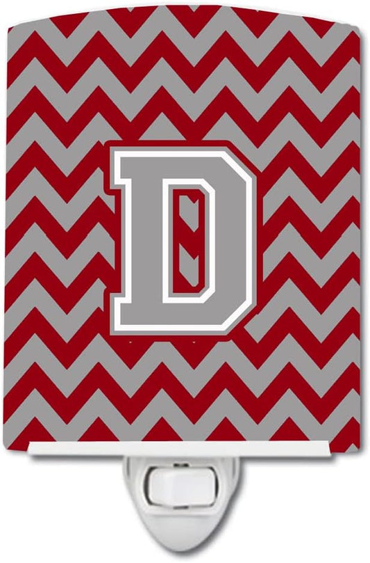 Caroline's Treasures CJ1043-DCNL Letter D Chevron Crimson and Grey Ceramic Night Light Compact, UL-Certified, Ideal for Bedroom, Bathroom, Nursery, Hallway, Kitchen, 6x4x3, Multicolor