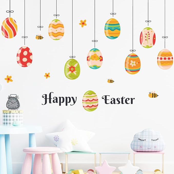 Happy Easter Wall Decals Eggs Wall Stickers Peel and Stick Easter Wall Decorations Window Clings for Nursery Classroom Kids Room Baby Bedroom Home Kitchen Easter Party Decoration (Eggs)