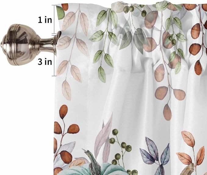 Fall Thanksgiving Kitchen Curtains Valances for Windows Autumn Pumpkins Eucalyptus Leaves Rod Pocket Window Treatment for Kitchen /Living Room/Bedroom/ Bathroom, 60" X 18", Blue Sage Green Orange