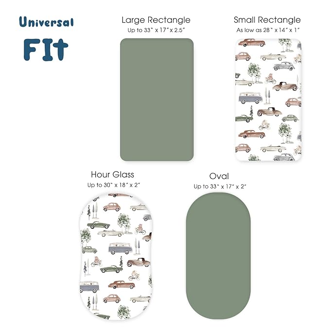 GRSSDER Stretchy Ultra Soft Fitted Bassinet Sheet Set 2 Pack, Universal Fit for Bassinets Baby Cradle Moses Basket Oval Rectangle Mattress Safe and Snug, Stylish Bassinet Sheets of Cars Print for Boys