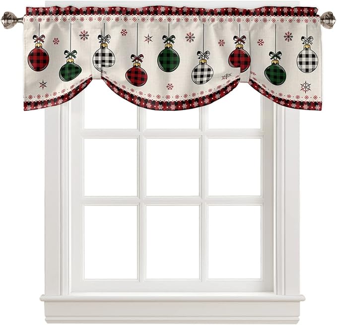 Christmas Blackout Tie Up Valance Curtains for Kitchen Windows Vintage Buffalo Plaid Christmas Balls Window Toppers Balloon Shades for Living Room/Bathroom/Bedroom,1 Panel,42" X 12" Farmhouse