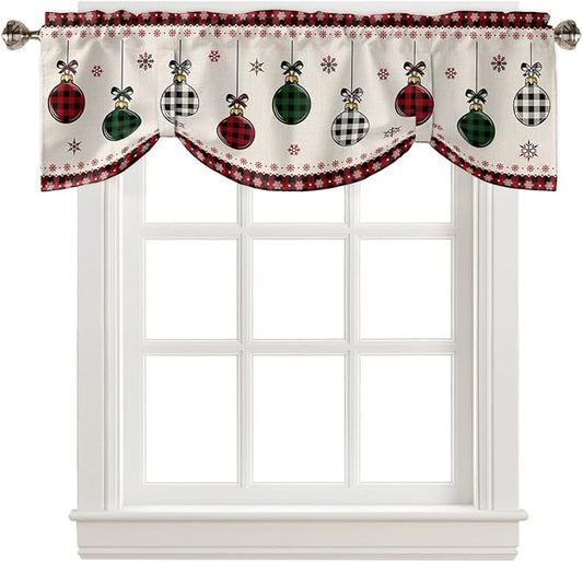 Christmas Blackout Tie Up Valance Curtains for Kitchen Windows Vintage Buffalo Plaid Christmas Balls Window Toppers Balloon Shades for Living Room/Bathroom/Bedroom,1 Panel,42" X 12" Farmhouse