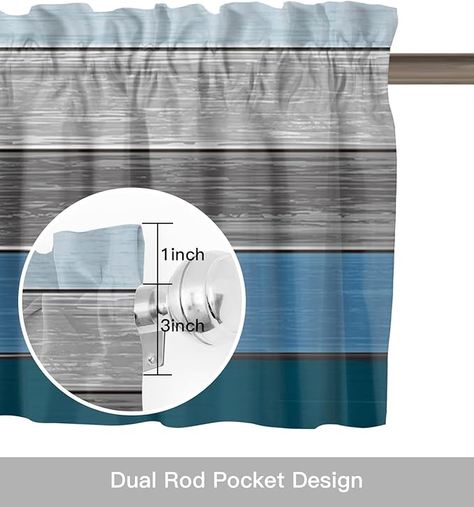 Farmhouse Kitchen Curtains Valances for Windows ,Blue Gray Ocean Hues Rod Pocket Country Window Treatment for Kitchen /Living Room/Bedroom/ Bathroom,60" X 18" -1 Panel, Retro Rustic Barn Wood Texture