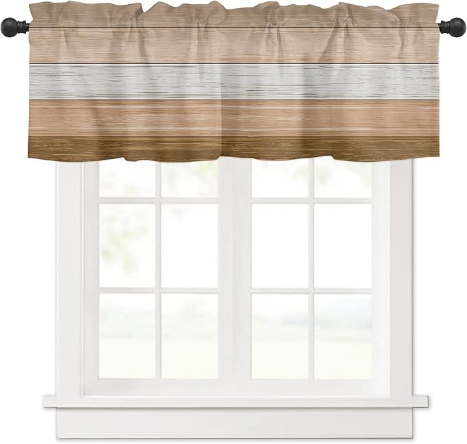 Farmhouse Kitchen Curtains Summer Fall Valances for Windows ,Brown Beach Fall Rod Pocket Country Window Treatment for Kitchen/Living Room/Bedroom/ Bathroom,42" X 12" -1 Panel, Rustic Barn Wood Texture