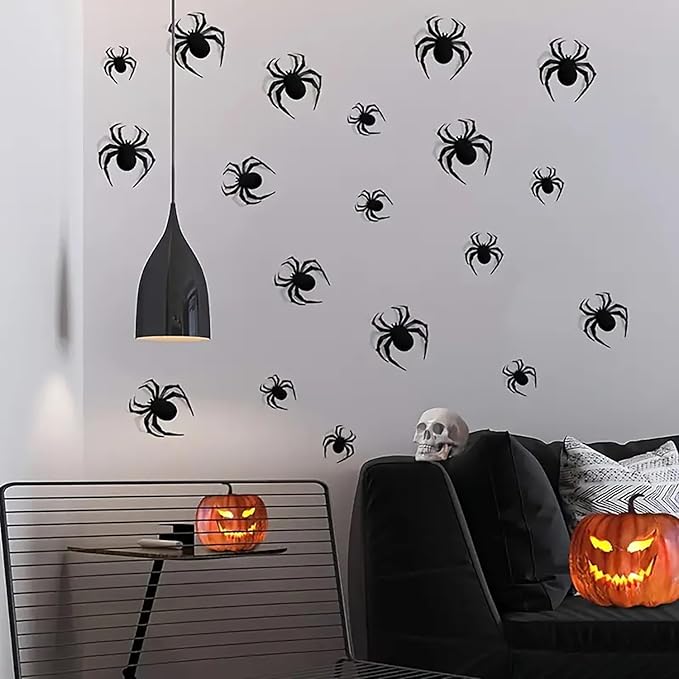 Halloween Wall Stickers 24Pcs Spider Wall Decor 3D Self Adhesive Halloween Wall Decals Horror Black Spiders Wall Decorations Reusable Window Stickers for Halloween Party Home Room Art DIY Accessories