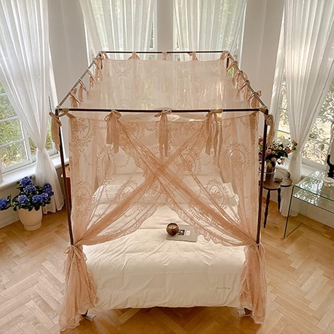 Elegant Lace Princess 4 Corner Post Mosquito Net Romantic for Girls Women Bed Curtain Canopy for Adult Wedding Bedroom Kids Rooms Decoration (Color-B, King)