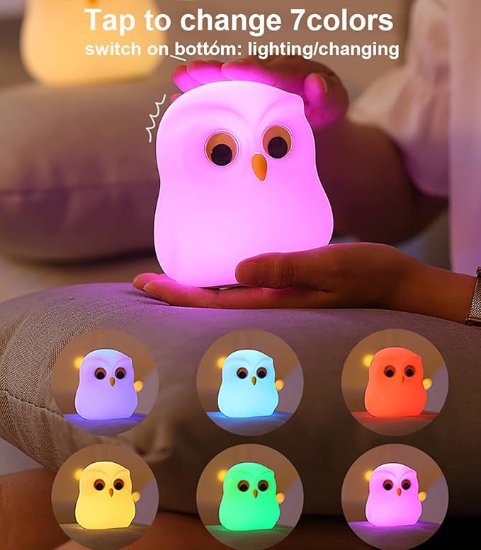 Cute Owl Kids Night Light, Birthday Gifts Room Decor Bedroom Decorations for Baby Child, LED Color Changing Soft Silicone Lamp, Gift Box