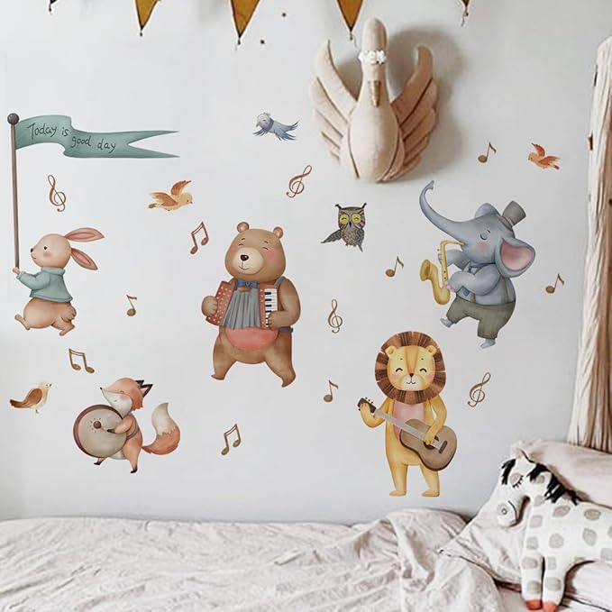 Watercolor Baby Animals Wall Decals Stickers, African Jungle Rabbit Bear Elephant Lion Fox Bird Owl Kids Room Nursery Decor, Baby Nursery Kids Bedroom Living Room Wall Decor