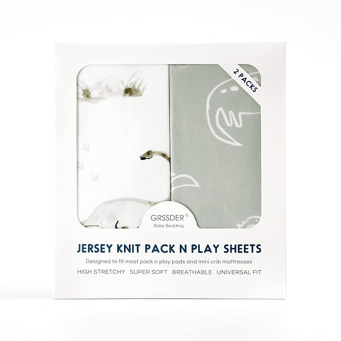 GRSSDER Pack n Play Sheets Fitted 2 Pack, Stretchy Ultra Soft Pack and Play Sheets, Universal Fitted Portable/Mini Crib Mattresses Snug and Safe, Jersey Crib Sheets for Boys, Dinosaurs