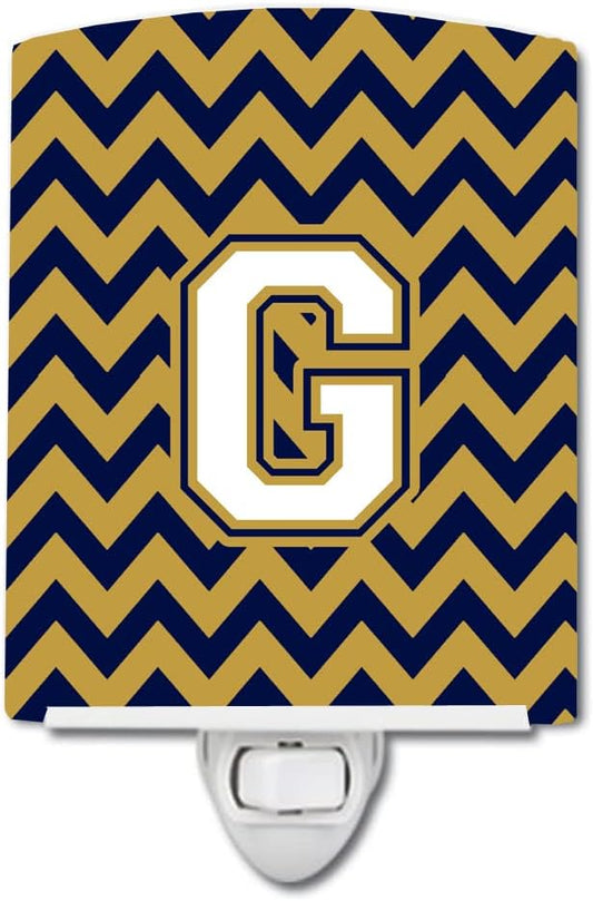 Caroline's Treasures CJ1057-GCNL Letter G Chevron Navy Blue and Gold Ceramic Night Light Compact, UL-Certified, Ideal for Bedroom, Bathroom, Nursery, Hallway, Kitchen, 6x4x3, Multicolor