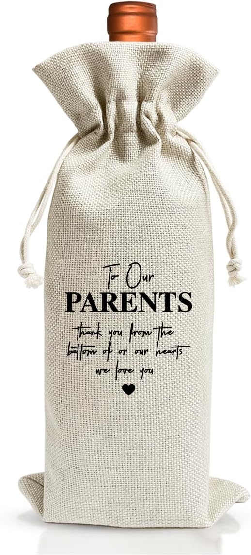 EUFJDKSL Wine Gift Bag For Our Parents, Wedding Or Engagement Party Decorations, Drawstring Burlap Wine Bottle Bags, Gift for Parents, Thank You Our Parents