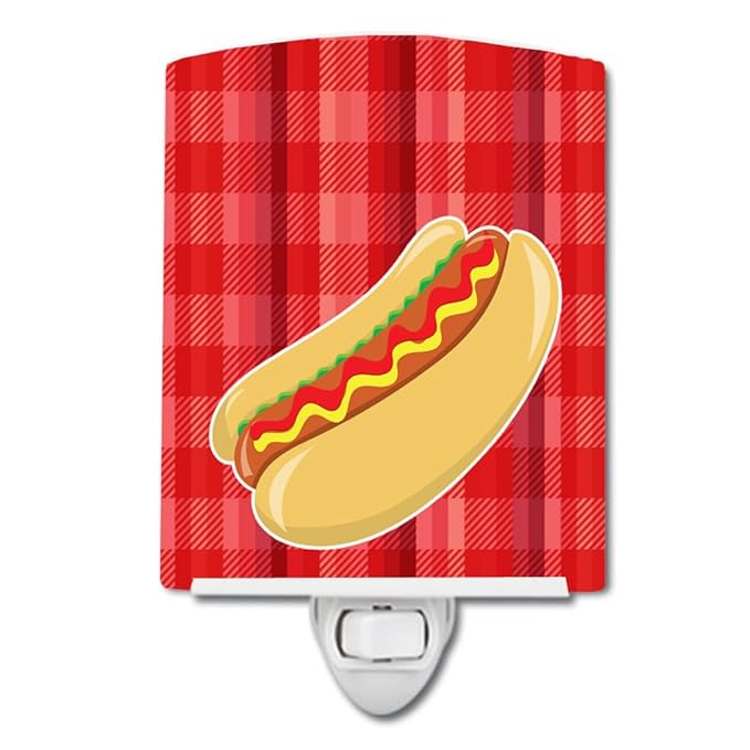 Caroline's Treasures BB6813CNL Hot Dog Plaid Ceramic Night Light Compact, UL-Certified, Ideal for Bedroom, Bathroom, Nursery, Hallway, Kitchen, 6x4x3, Multicolor