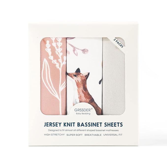 GRSSDER Stretchy Ultra Soft Fitted Bassinet Sheet Set 3 Pack, Universal Fit for Bassinets Baby Cradle Moses Basket Oval Rectangle Mattress, Pretty Fox for Baby Girls