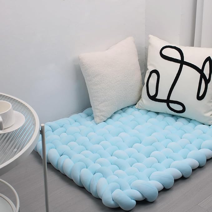 XHJRI Thickened Braided Knot Seat Mat, Knotted Floor Decorative Cushion, Handmade Baby Infant Playing Pad Nursery Rug (27.5 * 31.5 Inch,Blue)