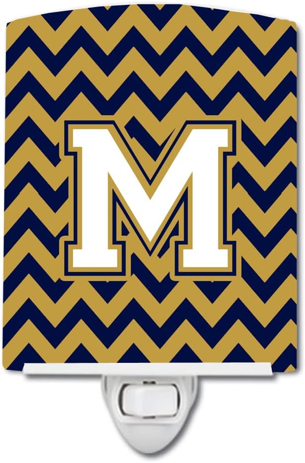 Caroline's Treasures CJ1057-MCNL Letter M Chevron Navy Blue and Gold Ceramic Night Light Compact, UL-Certified, Ideal for Bedroom, Bathroom, Nursery, Hallway, Kitchen, 6x4x3, Multicolor