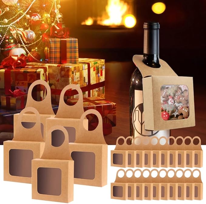 Dudnbt 30 PCS Kraft Paper Wine Bottle Box with Window 3.5 x 3.5 x 1.2 Inches for Gifts Empty Wine Bottles for Decoration Bottle Hanger Favor Box for holding Candy Truffles Chocolate Cookies (Cowhide)