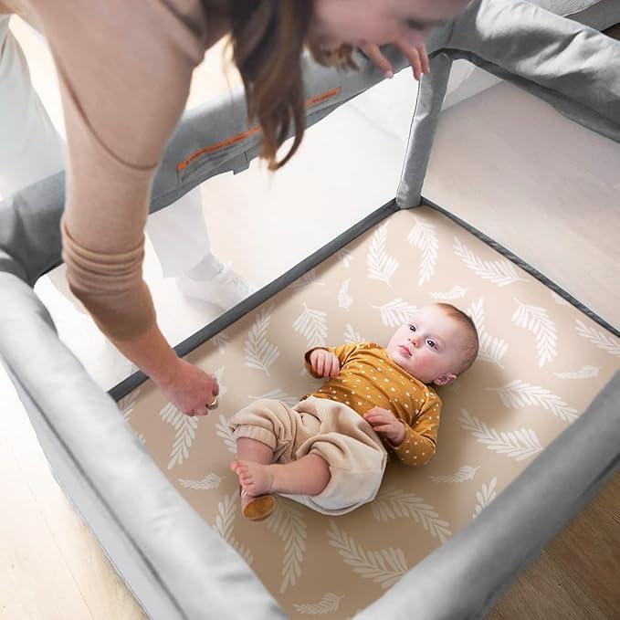 GRSSDER Stretchy Ultra Soft Jersey Knit Fitted Pack n Play Sheets Set 2 Pack, Neutral Portable/Mini Cribs Sheets, Fit Playards Mattress Pads Safe and Snug, Stylish Pretty Flora for Baby, Beige