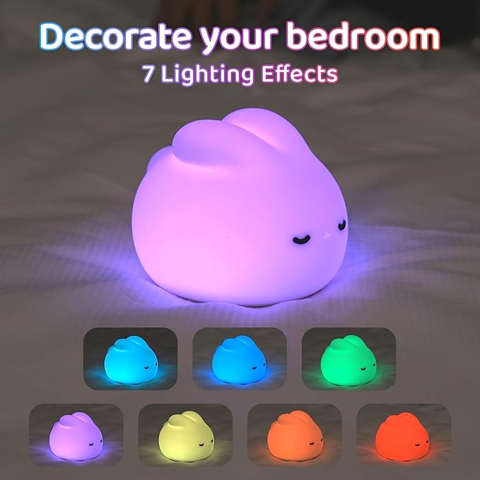 Night Light for Kids,Nursery Night Light,7 Color RGB and 3 Levels of Dimming, Rechargeable Cute Silicone Night Light, Cute Room Decoration, Gifts for Kids,Cute Bunny Night Light
