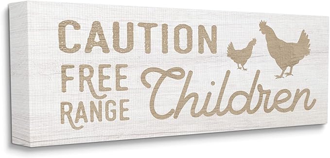 Stupell Industries Caution Free Range Children Sign Funny Farm Chickens, Design by Daphne Polselli Canvas Wall Art, 48 x 20, Beige