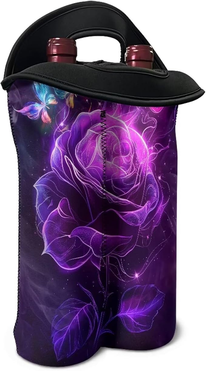 doginthehole Wine Carrier Tote Bag Two Bottle Aesthetic Purple Rose Butterfly Print Neoprene Wine/Water Bottle Holder for Travel with Carry Handle Champagne Bottles Protective Case for Wine Lovers