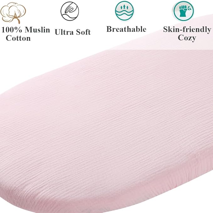 Muslin Bassinet Sheet Compatible with Halo Bassinest Swivel Flex Glide Premiere & Luxe Series Sleeper 2 Pack Cotton Stylish Boho Fitted Bassinet Sheets Super Soft for Baby Roman Grey & Pink