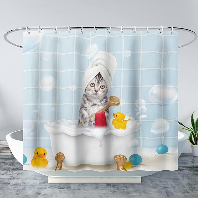 AILONEN 3D Bathtub Cat Shower Curtain for Kids 36" W*72" H Kawaii Shower Cat Shower Curtain,Polyester Waterproof Fabric Decor for Bathroom Bathtub Panels