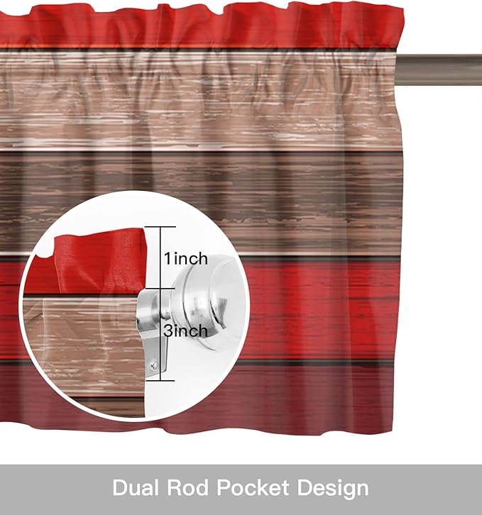 Farmhouse Kitchen Curtains Valances for Windows , Christmas Red Brown Rod Pocket Country Window Treatment for Kitchen /Living Room/Bedroom/ Bathroom,42" X 18" -1 Panel, Retro Rustic Barn Wood Texture