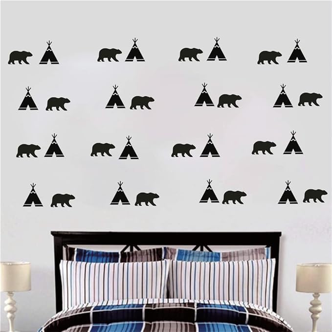 DIY 52 Pieces/Pack Tribal Tent and Bear Wall Decor Sticker for Kids Room Nursery Bedroom Baby Decoration Vinyl Wall Decal Mural AFN109 (Black)