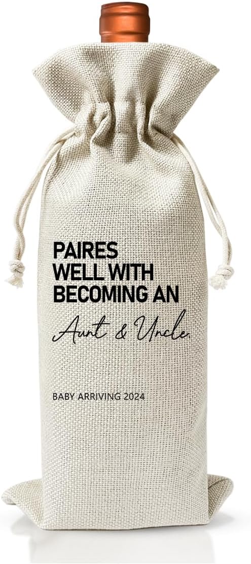 Promoted to New Auntie or New Uncle Gift, Baby Announcement Gift for New Aunt Wine Bag, Auntie Uncle to Be Gift, Becoming an Uncle Auntie, Baby Shower Decor or Baby Party Favor, Burlap Bag