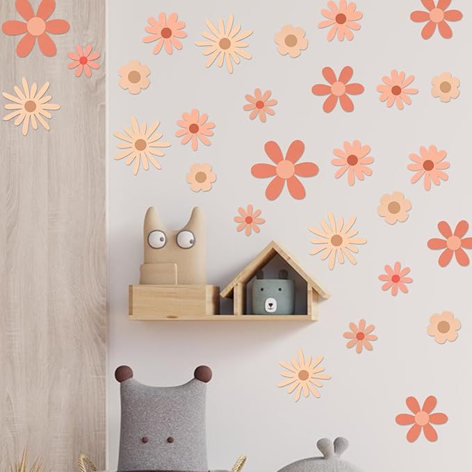 Daisy Wall Decals Flower Wall Stickers, Big Daisy Stickers Floral Decor Peel and Stick for Girls Kids Bedroom Nursery Playroom Living Room (Warm Color)
