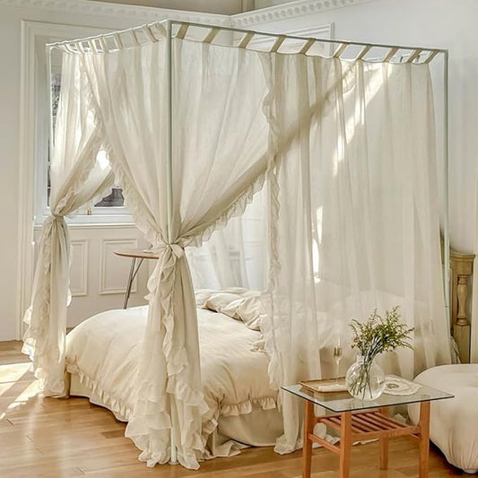 Mengersi Linen Canopy Bed Curtains,Bed Canopy Curtains 4 Corner Bed Drapes Sheer Curtains for Bedroom Decor (Ivory, Queen)