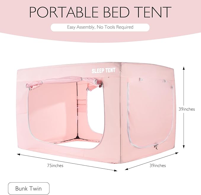 BORNA Bed Tent Bunk Twin Bed Canopy for Indoor Portable Light Reducing Sleeping Canopy for Kids and Adult,Bunk Blackout Tents Breathable Privacy Space Tent Mosquito Netting for Bed(Macaron Pink)