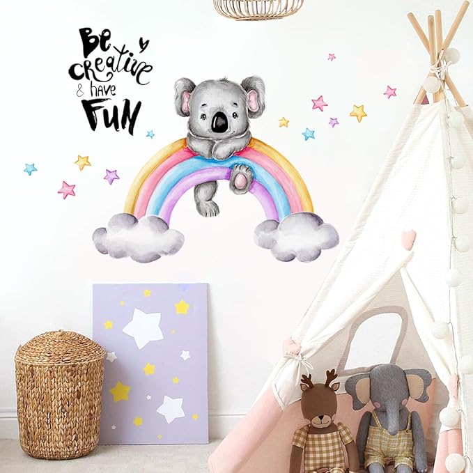 Cartoon Koala on Rainbow Wall Decal - 88cm x 34.64in Finished Size, Inspiring 'Be Creative & Have Fun' Message