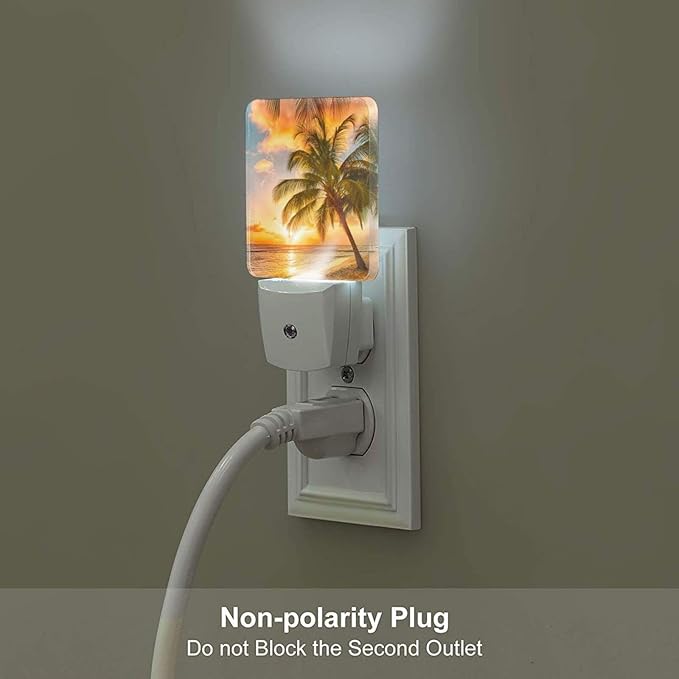 Funny Beach Tropical Palm Tree Ocean Plug in Night Light into Wall LED Nightlight Auto Sensor Dusk to Dawn lamp for Kids Room Bedroom Bathroom Nursery Kitchen Hallway Stairs Home Decorative