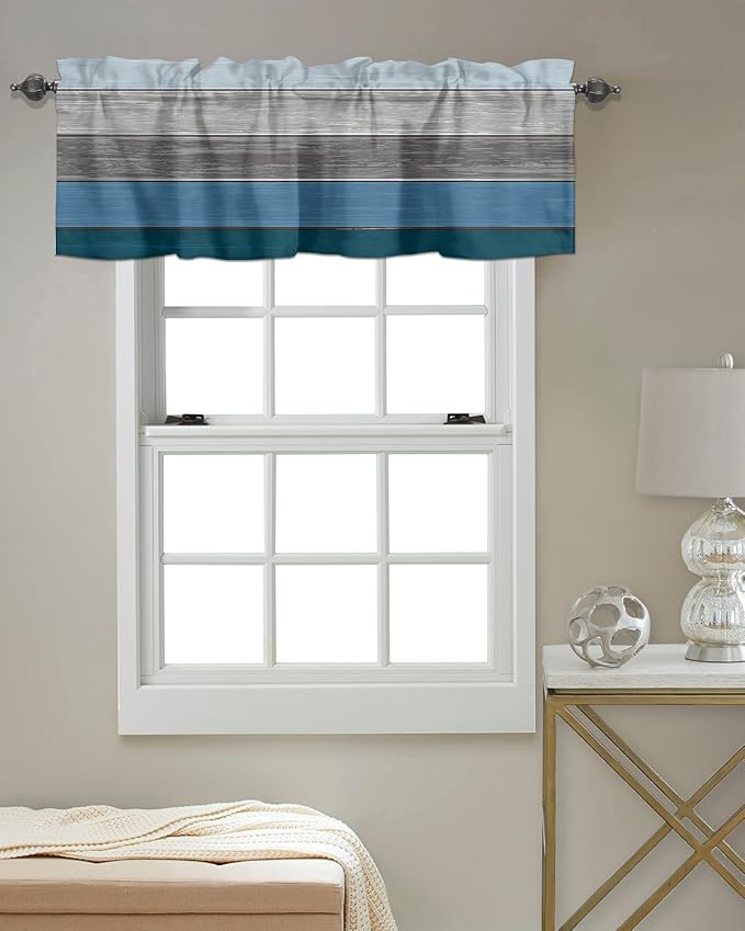 Farmhouse Kitchen Curtains Valances for Windows ,Blue Gray Ocean Hues Rod Pocket Country Window Treatment for Kitchen /Living Room/Bedroom/ Bathroom,54" X 18" -1 Panel, Retro Rustic Barn Wood Texture
