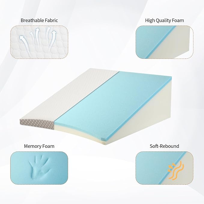 Wedge Pillow for Sleeping, 12 Inch Cooling Triangle Bed Pillow with Removable Cover, Elevated Body Pillow for Back Support, After Surgery, Snoring, Neck, Leg and Acid Reflux