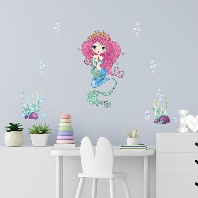 Mermaid Wall Decal for Girls Room, Princess Room Decor, Under The Sea Decorations, Ariel Little Mermaid Stickers, Vinyl Kids Wall Murals Peel and Stick for Bedroom Bathroom Nursery Living Room