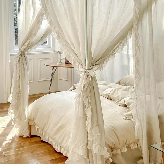 Mengersi Linen Canopy Bed Curtains,Bed Canopy Curtains 4 Corner Bed Drapes Sheer Curtains for Bedroom Decor (Ivory, Queen)