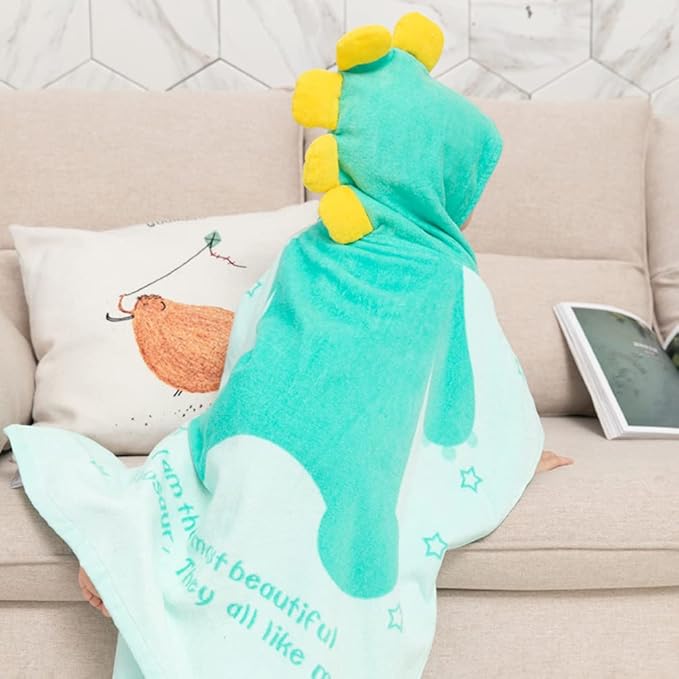 TONWHAR Kids Bath/Pool/Beach Hooded Poncho Towel-Cartoon Animal Pattern Cotton Beach Towel for Baby and Kids (Light Green Dinosaur, 5-9 Years/Height:43.3"-51.2")