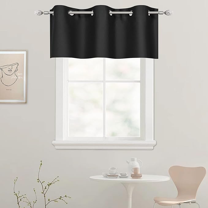 Black Valances for Windows for Kitchen Blackout Thermal Insulated Curtain Valance for Bathroom/Office Short Straight Drape Valance for Bedroom Kids Room 42 Inch Wide by 18 Inch Long 1 Panel