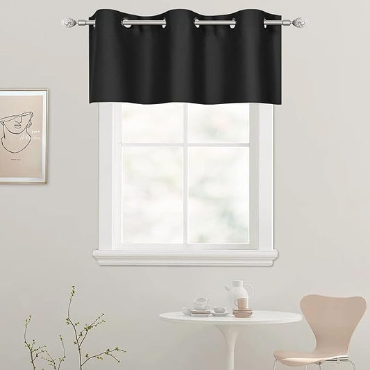 Black Valances for Windows for Kitchen Blackout Thermal Insulated Curtain Valance for Bathroom/Office Short Straight Drape Valance for Bedroom Kids Room 42 Inch Wide by 18 Inch Long 1 Panel