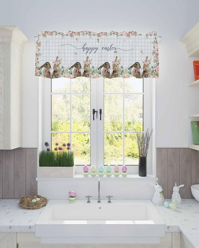 Rabbits Flowers Easter Kitchen Curtains Valances for Windows Eucalyptus Leaf Spring Summer Rod Pocket Window Treatment for Kitchen /Living Room/Bedroom/ Bathroom, 42" X 18", Grey White Buffalo Plaid