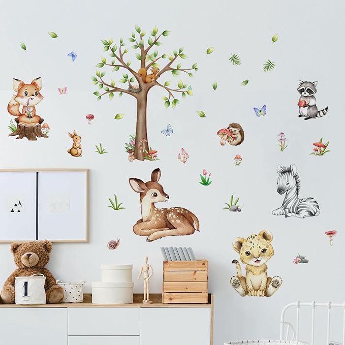 Animal Tree Wall Decals Tiger Fox Deer Zebra Wall Stickers, Removable Kids Toddler Jungle Forest Wall Murals Peel and Stick Wall Art Decor Wallpaper for Kids Bedroom Living Room Wall Décor