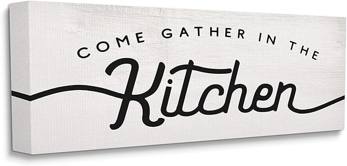 Stupell Industries Come Gather in The Kitchen Sign Family Charm, Designed by Daphne Polselli Canvas Wall Art, 17 x 40, Off- White