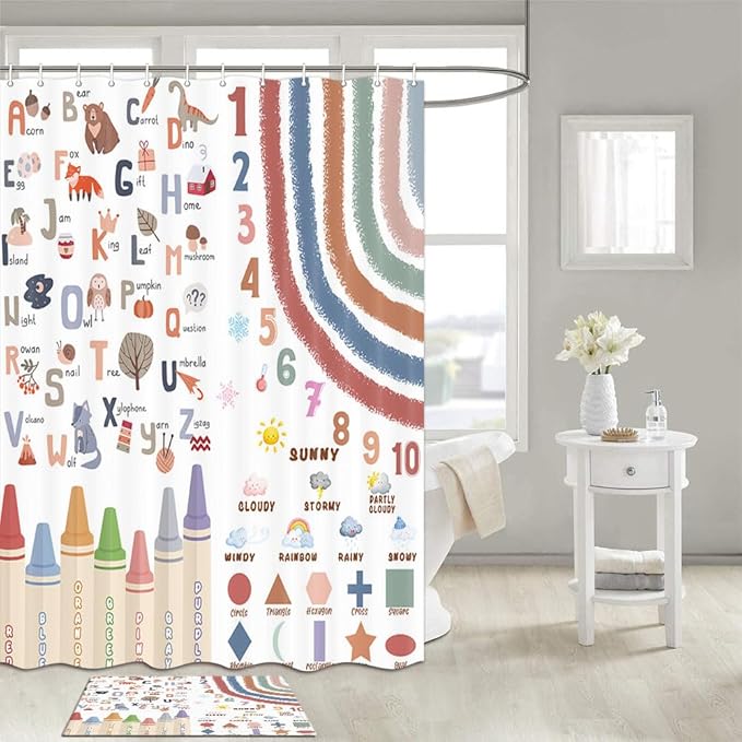 Kids Alphabet Shower Curtain, Funny Cartoon Animal ABC Learning Bath Curtain 72 x 96 Inch, Educational Boys Girls Children Bathroom Curatin Decoration Waterproof with Hooks Washable